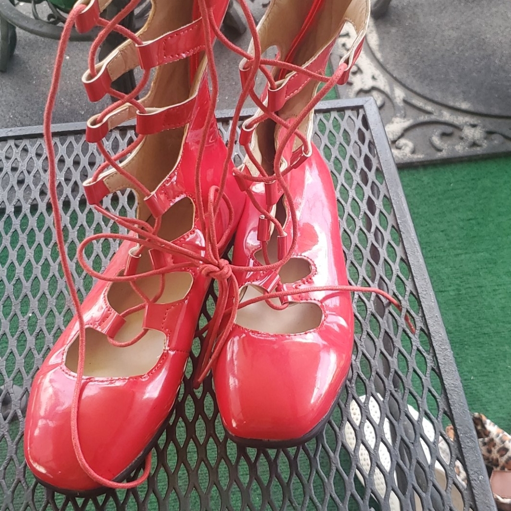 Red Patent Like  string strap front/ zip up shoes